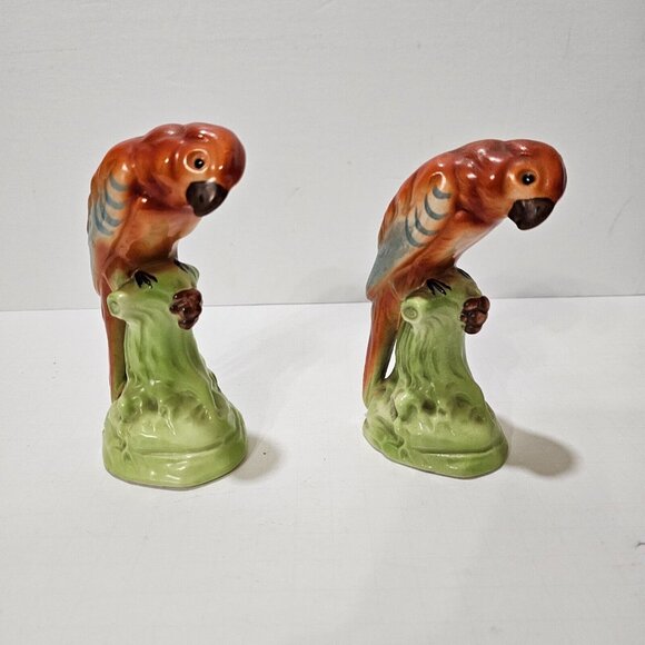 Pair of Red Parrot w/ Blue Feathers Ceramic Figurine by Czechoslovakia Pottery - Picture 1 of 7